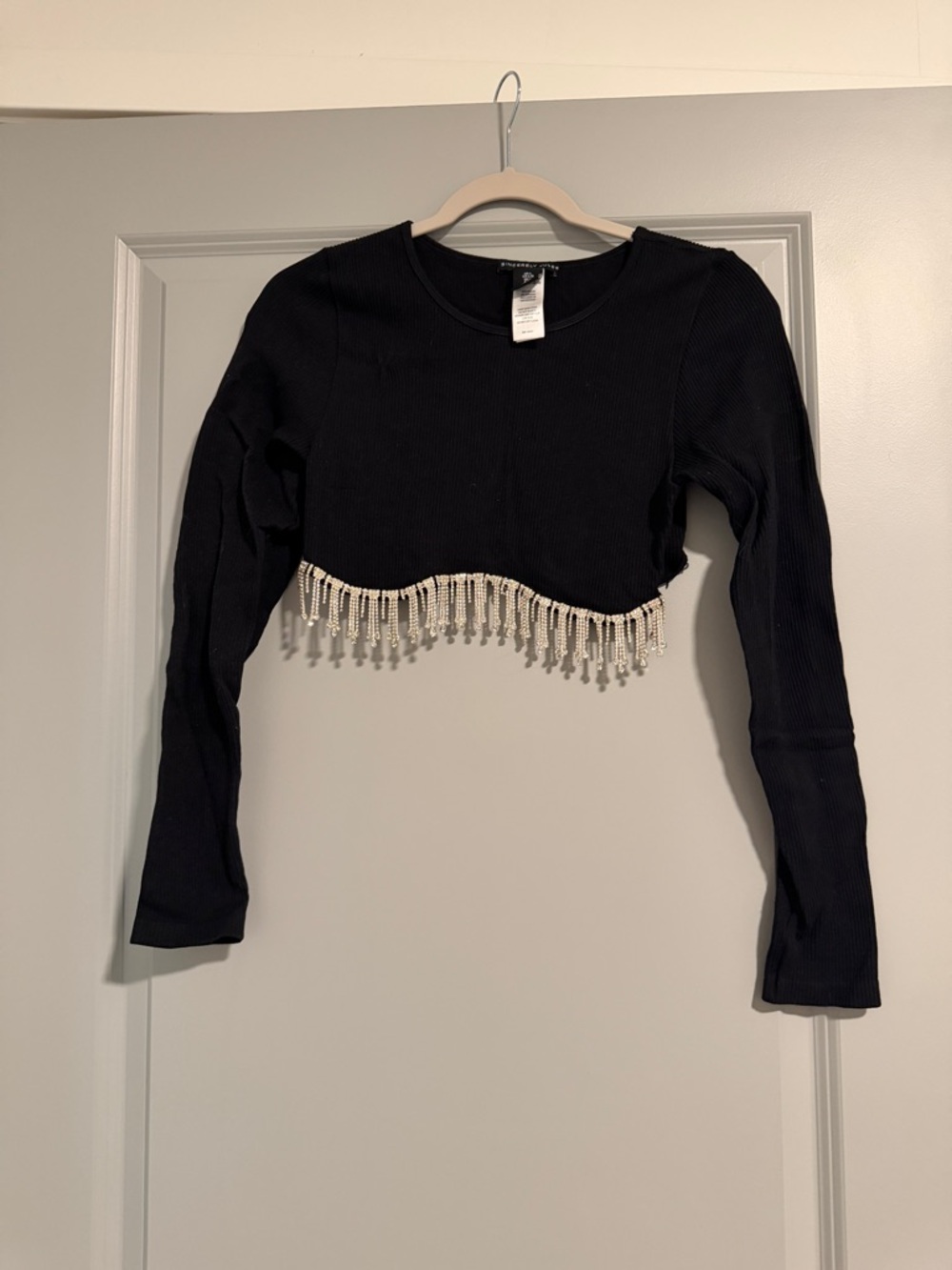 Sincerely Jules Black Cropped Long-Sleeve Top with Beaded Fringe